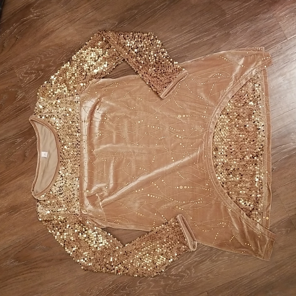 (S) Gold Sequin and Velvet Long Sleeve Assymetrical Top Holiday Festive Party